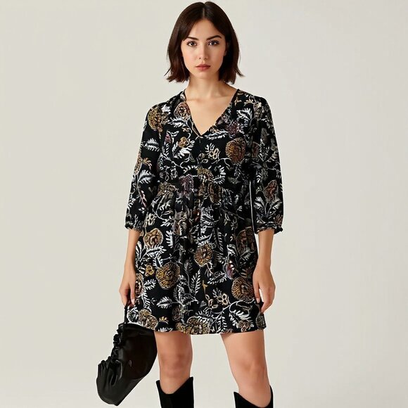 ba&sh Volver Dress Black Multi Floral Boho S NWT - Picture 1 of 15
